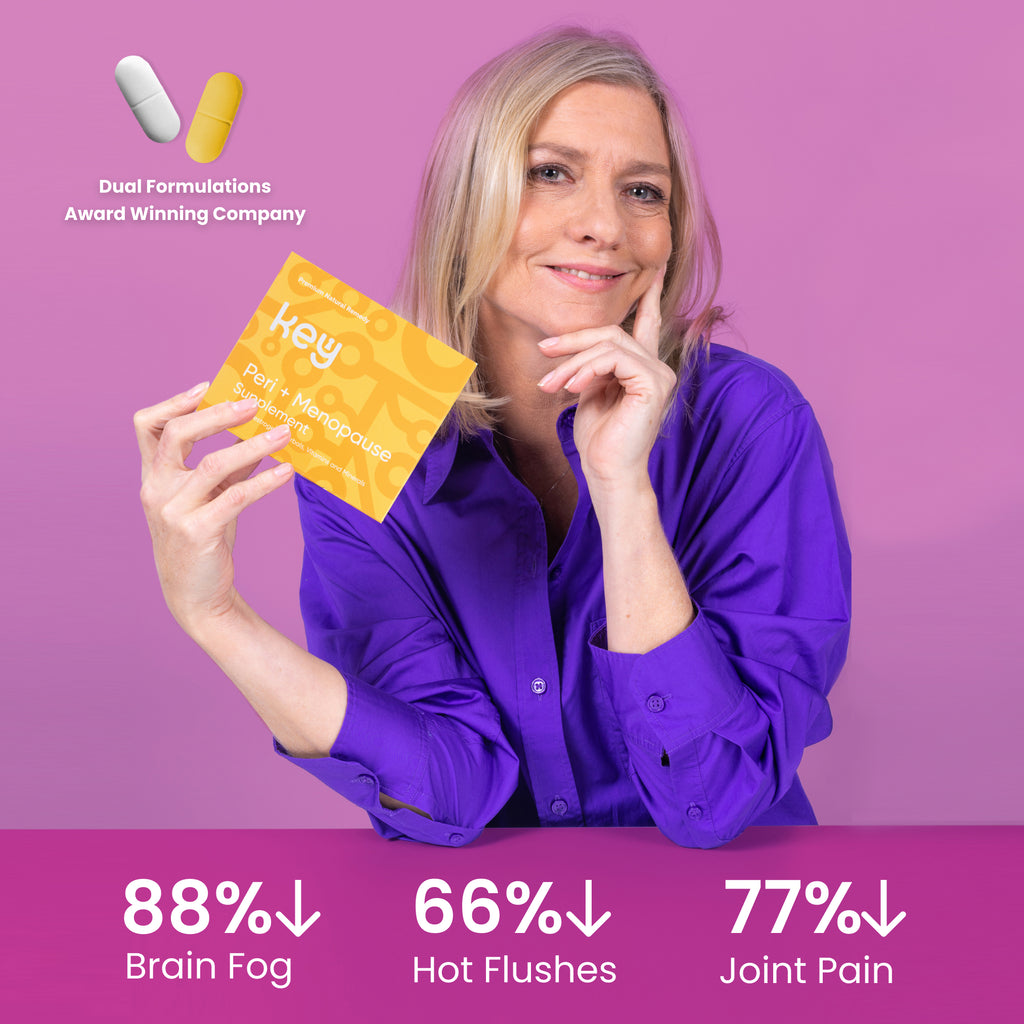Woman holding a supplement package with health benefits on a purple background