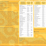 Nutritional supplement label with detailed ingredient list and dosages on a yellow background