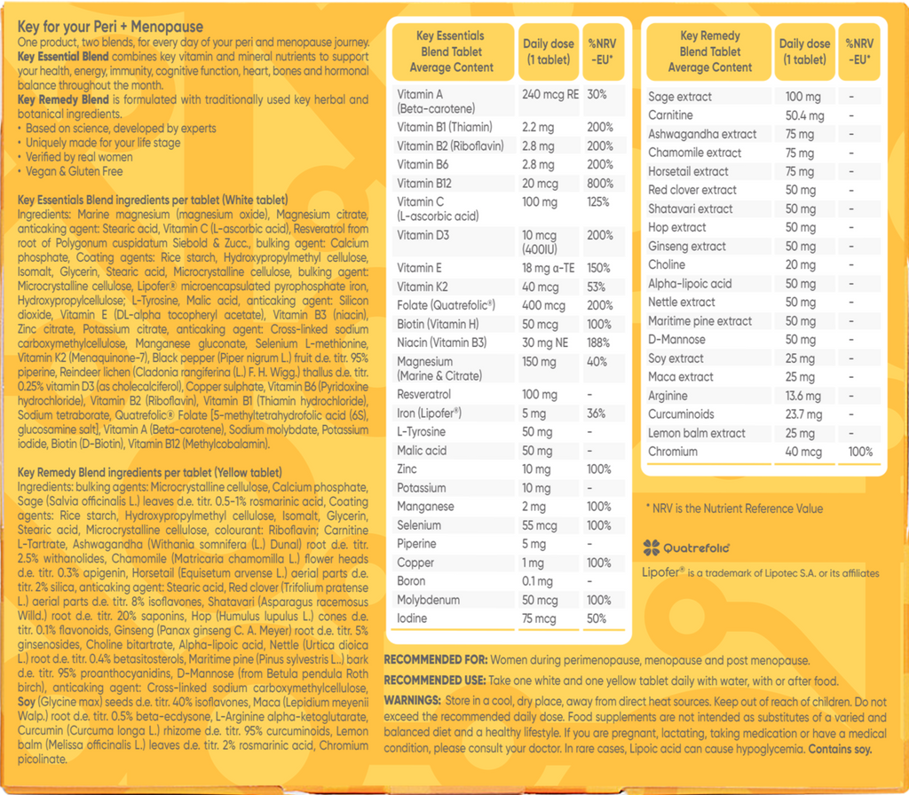 Nutritional supplement label with detailed ingredient list and dosages on a yellow background