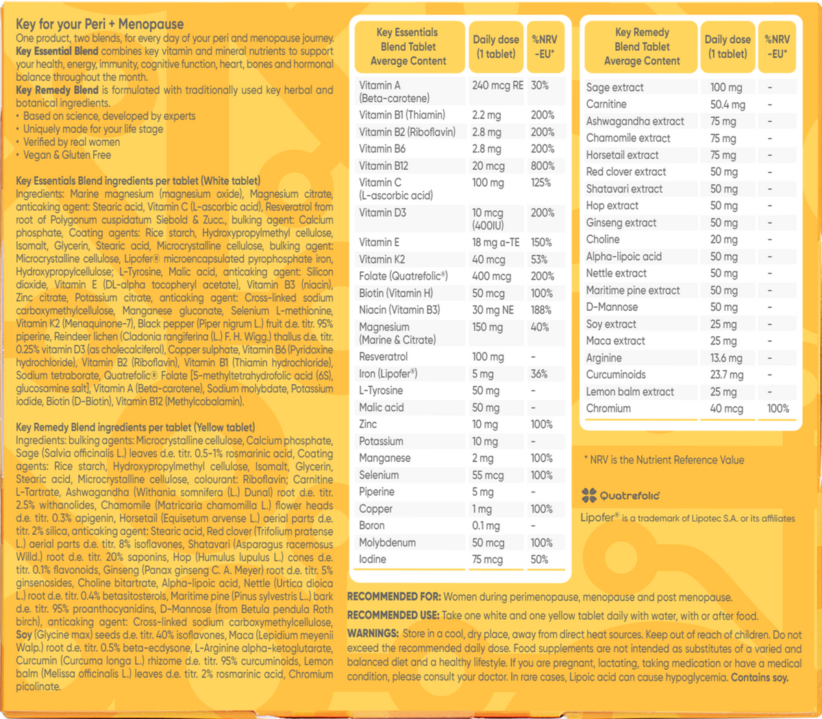 Nutritional supplement label with detailed ingredient list and dosages on a yellow background