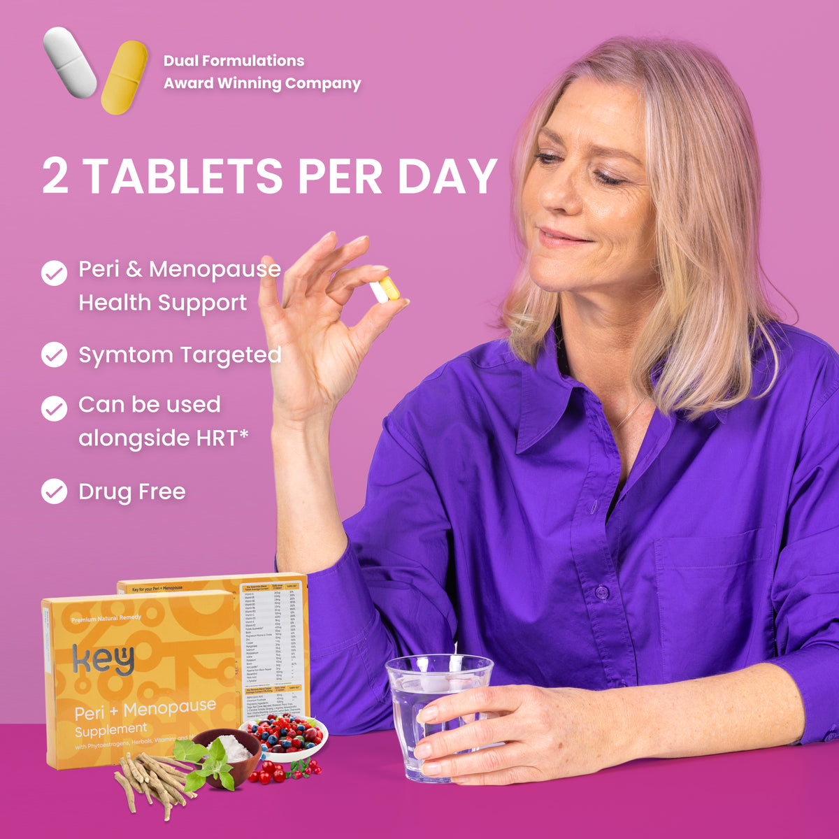 Woman holding Key Peri + Menopause supplement box highlighting reduced brain fog, hot flushes and joint pain during menopause support