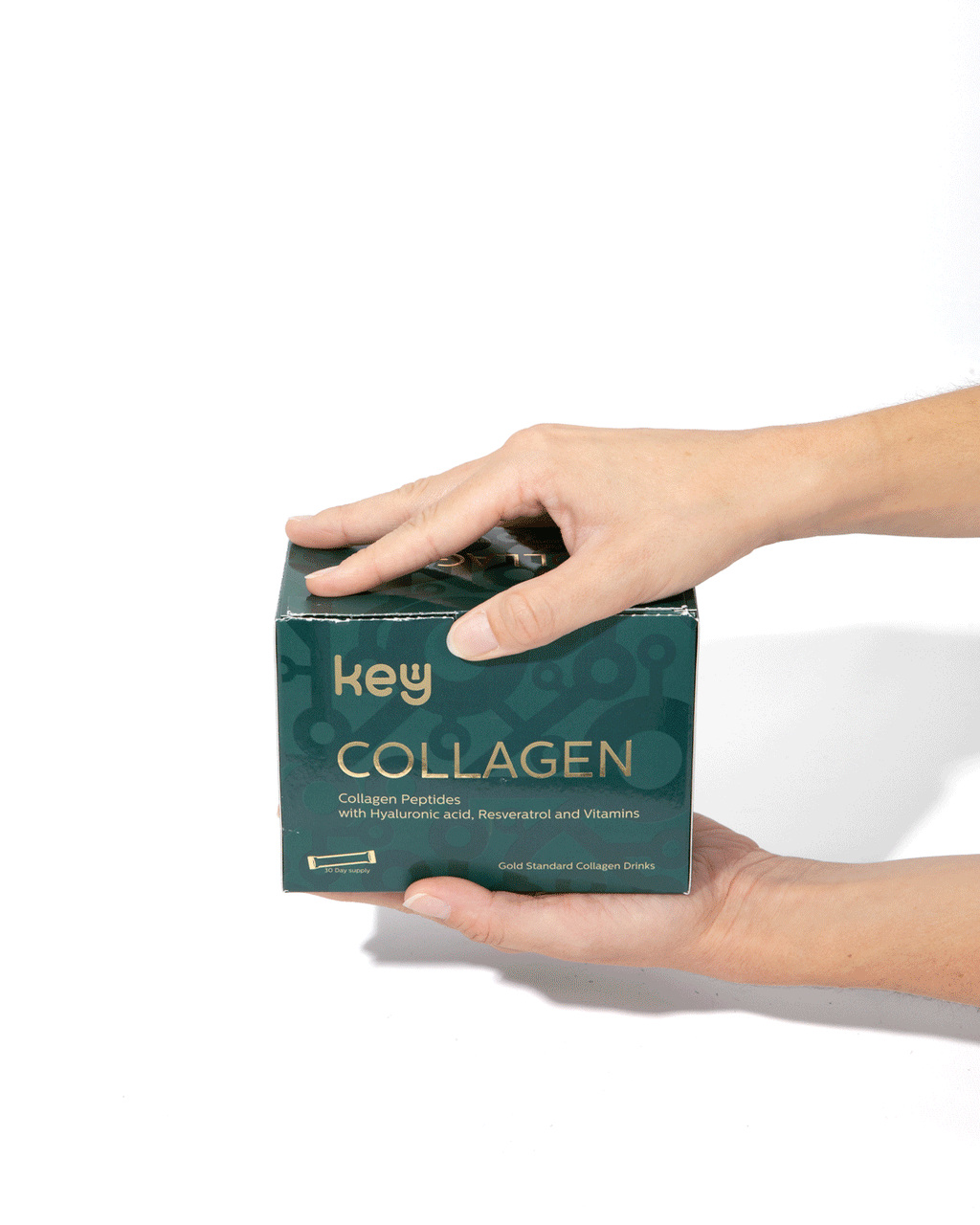 Key Collagen product box and sachets on clean studio background