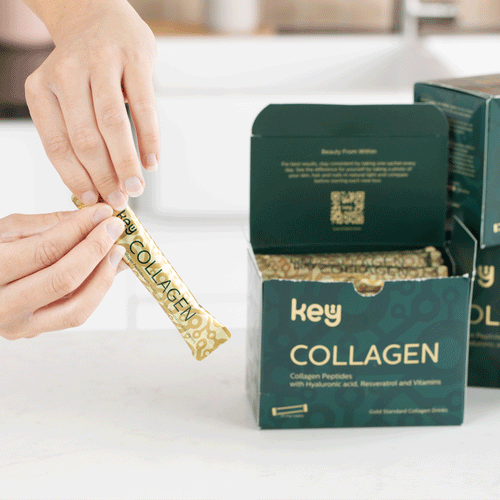 Animated product showcase of Key Collagen liquid sachets for healthy skin, hair and nails