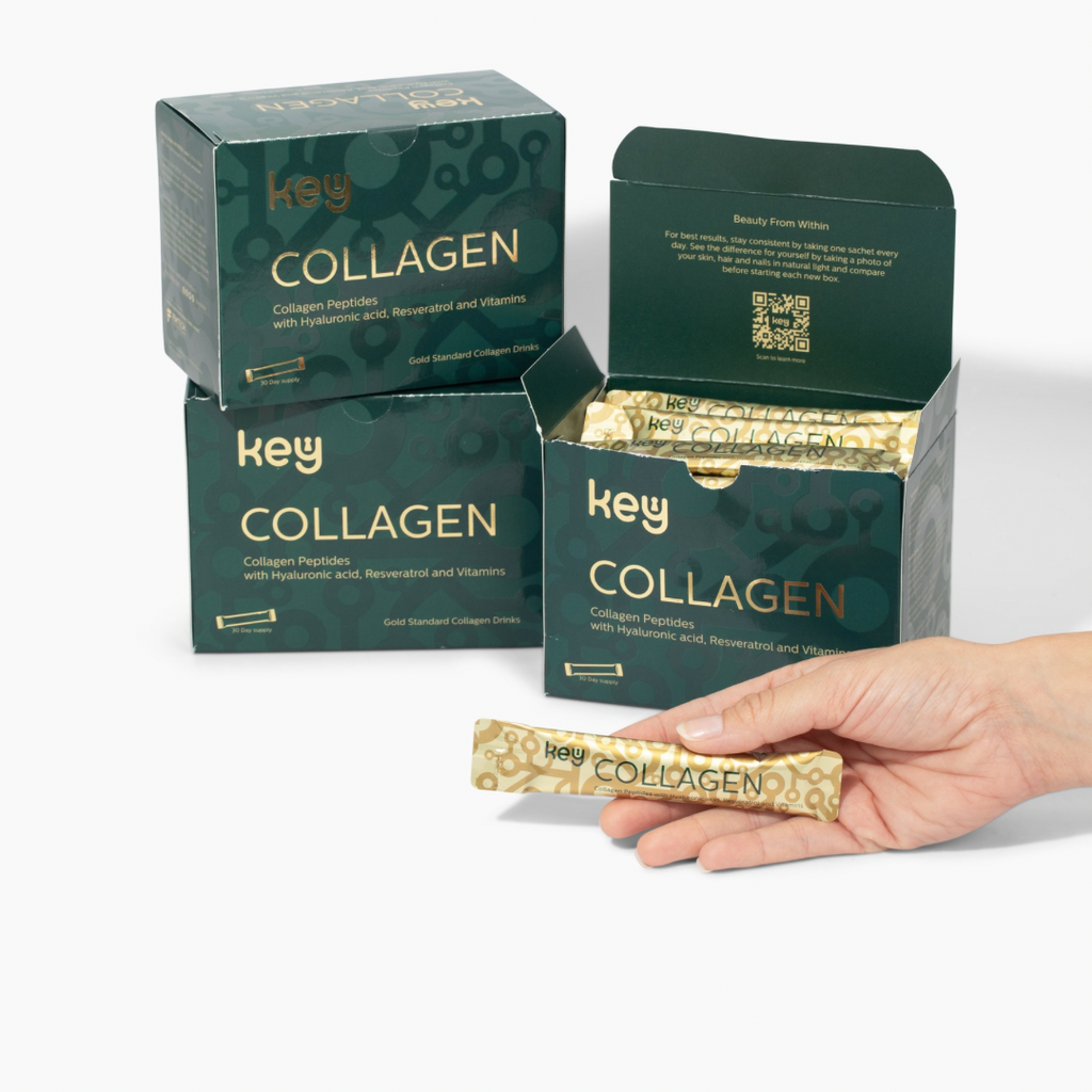 A person is holding a sachet of Key Collagen supplement with a box in the background. The sachet has a gold color with text and the box is green with 'COLLAGEN' text visible.