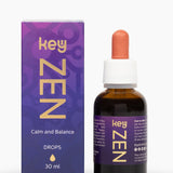 A product image featuring Key Zen branding for calm and balance drops, with a 30 ml bottle and packaging box.