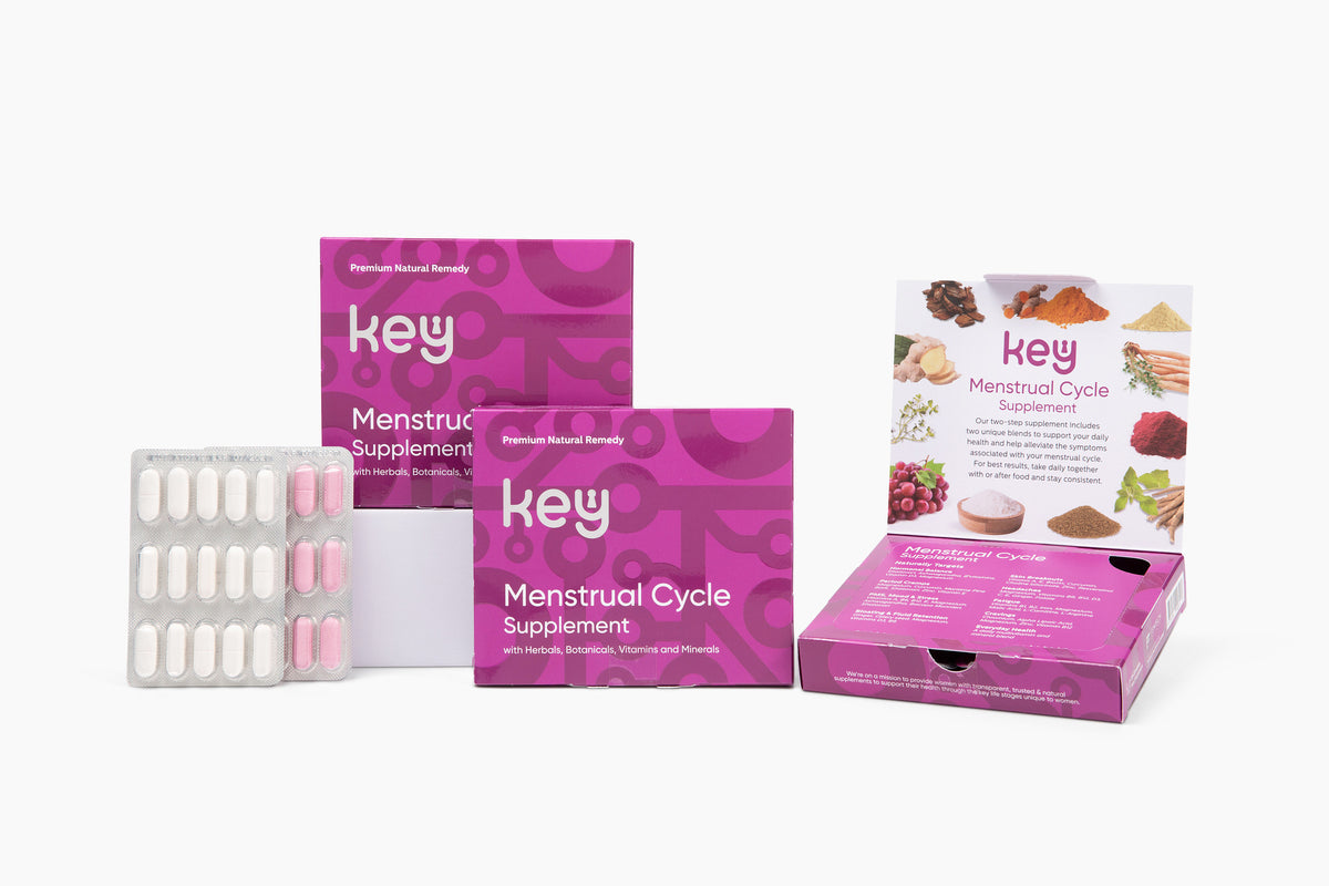 The image shows a supplement product for Key Menstrual Cycle, with packaging that includes a box and a blister pack with tablets.