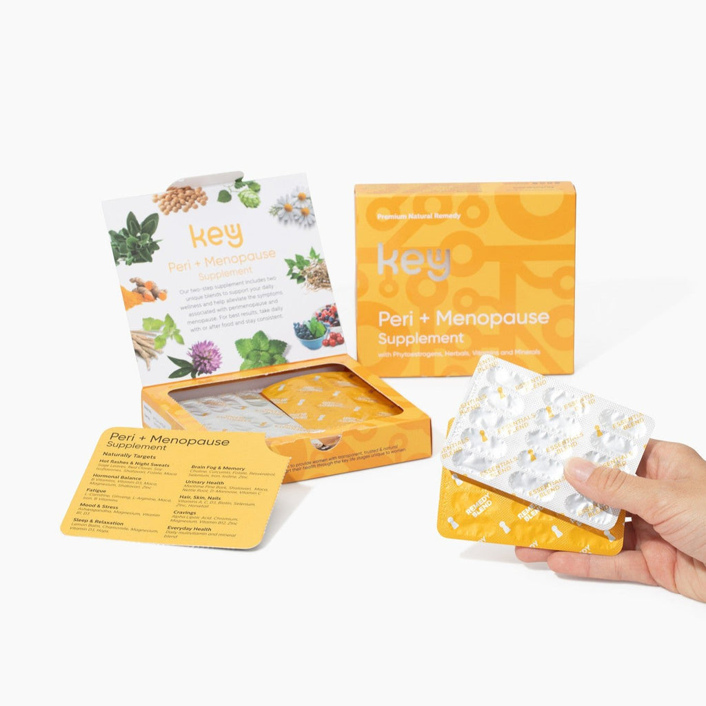 A hand holding a yellow package of 'Key Peri + Menopause' supplement