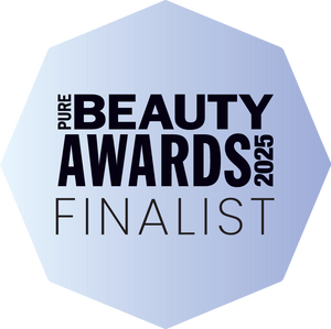 Hexagonal badge with 'Pure Beauty Awards 2025 Finalist' text on a light blue background